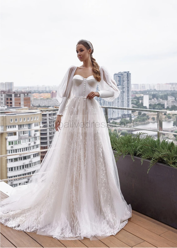 Strapless Satin Lace Dreamy Wedding Dress With Removable Sleeves Strapless Satin Lace Dreamy Wedding Dress With Removable Sleeves
